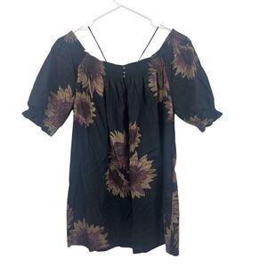 Free People Floral Black‎ Tan Purple Off Shoulder Tunic Style Dress Size S